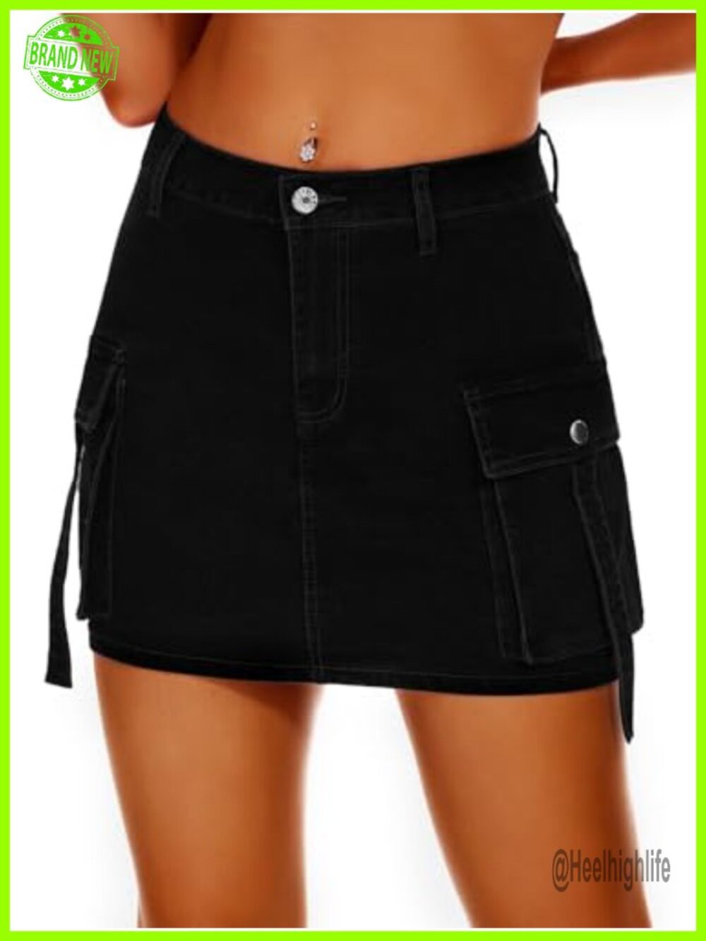 Women High Waisted Denim Mini Skirt Y2K Cargo Flap Pockets 100% Cotton